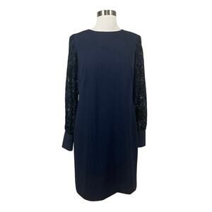 Ralph Lauren Women's Cocktail Dress Size 8 Blue Crepe and Lace Long Sleeve Shift